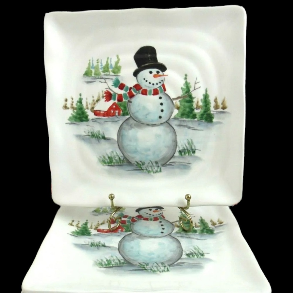 x3 Maxcera Christmas Holiday Winter Tophat Snowman Set Salad Plates New